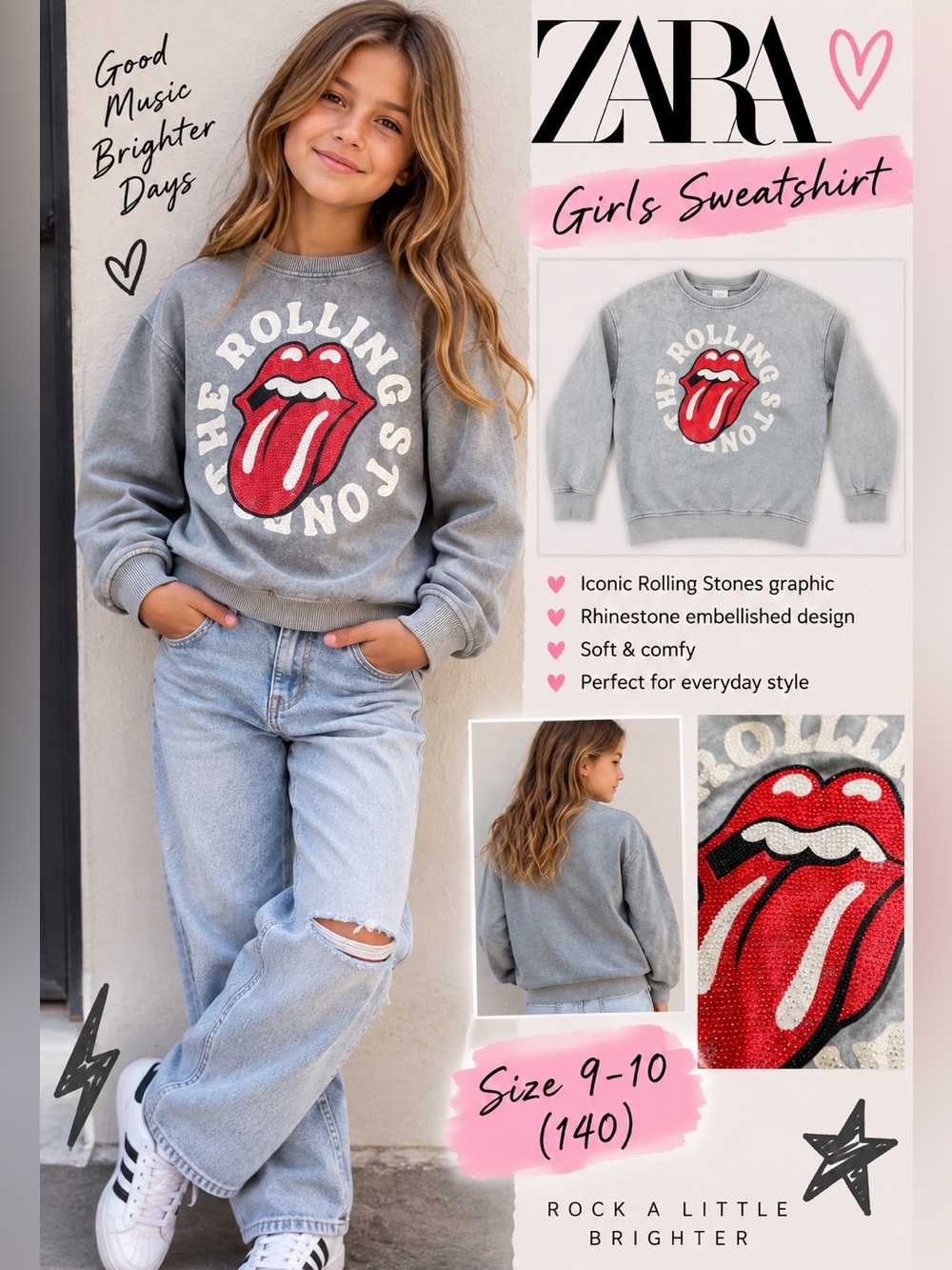 $10 or 🆓 BUY ONE GET ONE FREE 🆓 🩶 Zara Girls Rolling Stones Rhinestone Sweatshir